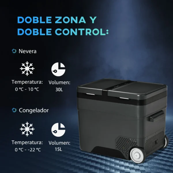 Nevera de Coche 45L 12V/24V hasta -22℃ con Compartimento Congelador Pantalla LED Táctil Ruedas 63,2x42x50,8cm Negro - Imagen 8