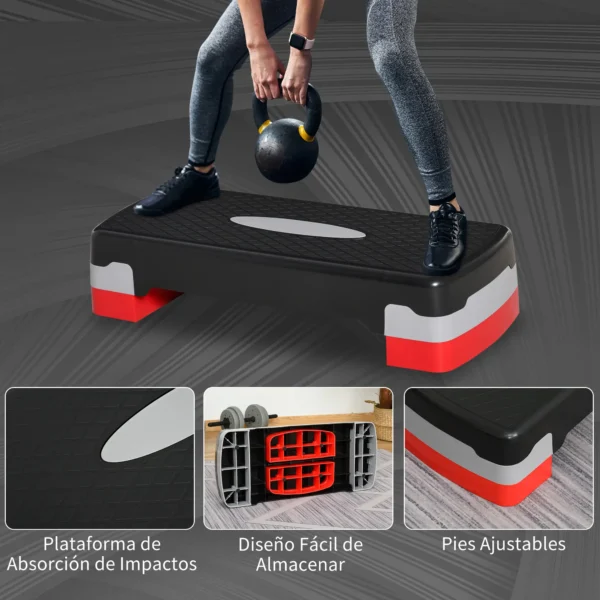 Step para Fitness Stepper Aeróbic Step de Aeróbic Antideslizante con Altura Regulable 2 Niveles de 10/15 cm Carga 150 kg para Ejercicio en Casa Gimnasio 68x29x15 cm Negro y Rojo - Imagen 9
