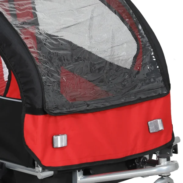 Remolque de bicicleta para niños 2 en 1 con cinturón de seguridad de 5 puntos reflectores bandera y cortina cortavientos Rojo - Imagen 4