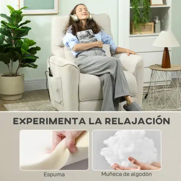 Sillón Relax Reclinable Eléctrico con Calor Lumbar Masaje Vibración Motor Silencioso Función de Memoria Crema - Imagen 5
