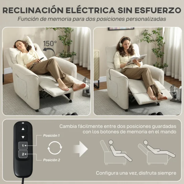 Sillón Relax Reclinable Eléctrico con Calor Lumbar Masaje Vibración Motor Silencioso Función de Memoria Crema - Imagen 8