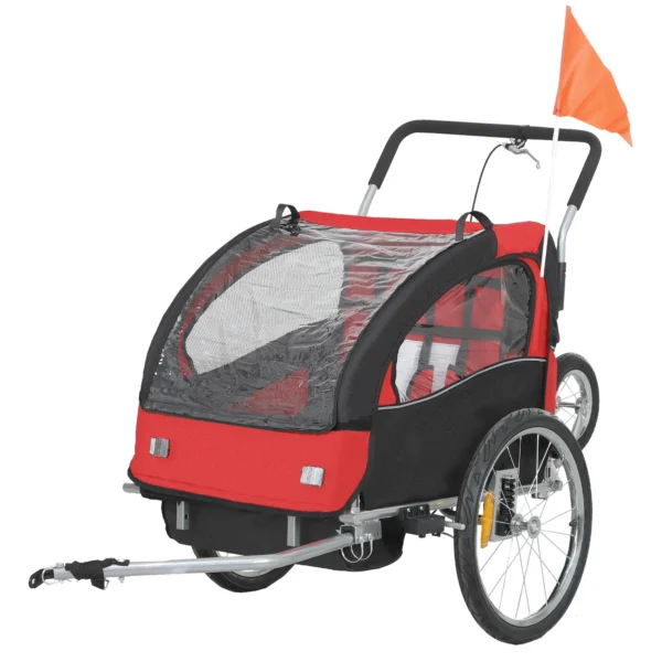 Remolque de bicicleta para niños 2 en 1 con cinturón de seguridad de 5 puntos reflectores bandera y cortina cortavientos Rojo - Imagen 2