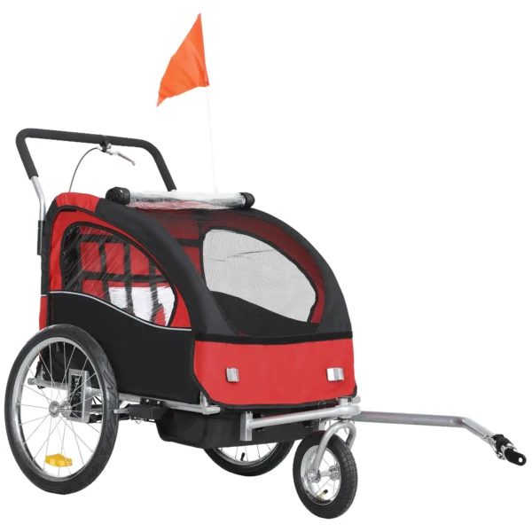 Remolque de bicicleta para niños 2 en 1 con cinturón de seguridad de 5 puntos reflectores bandera y cortina cortavientos Rojo - Imagen 3