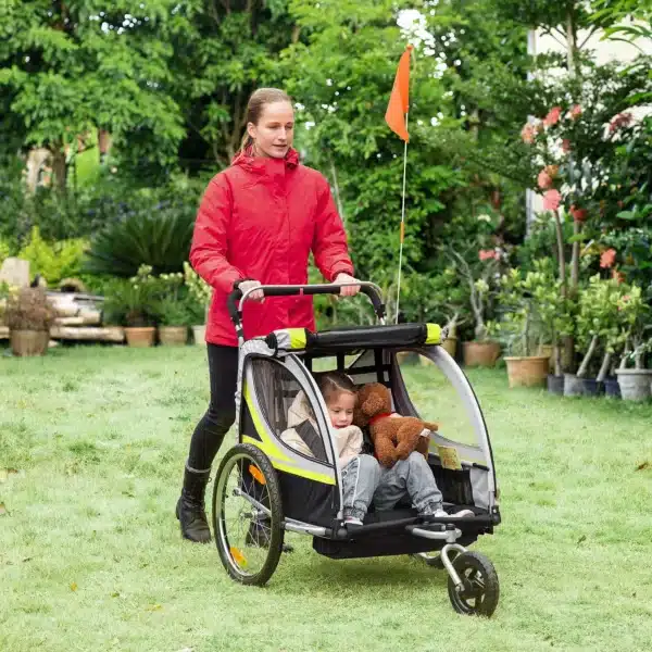 Remolque para 2 Niños 2 en 1, Función de Empuje, Protector de Lluvia, Freno, Amarillo - Imagen 6