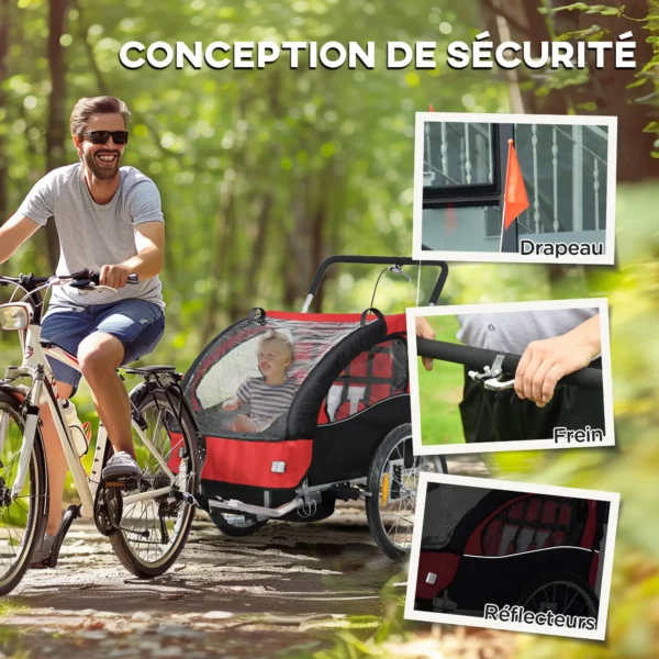 Remolque de bicicleta para niños 2 en 1 con cinturón de seguridad de 5 puntos reflectores bandera y cortina cortavientos Rojo - Imagen 5