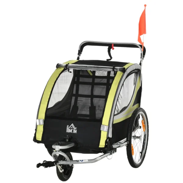 Remolque para 2 Niños 2 en 1, Función de Empuje, Protector de Lluvia, Freno, Amarillo - Imagen 2
