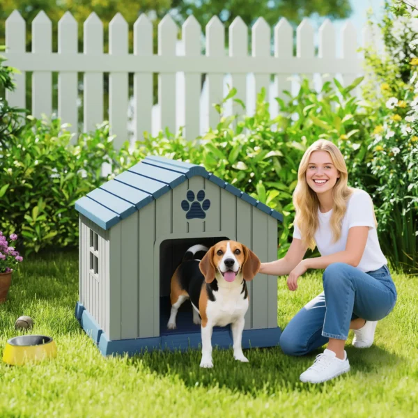 Caseta para Perros Tamaño Mediano de Exterior Impermeable con Base Elevada y Ventanas, 85x79x82 cm, Gris - Imagen 6