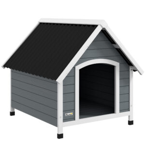 Casa para Perros Medianos Grandes 84x99x87 cm con Techo Ondulado Base Elevada y Suelo Desmontable Gris
