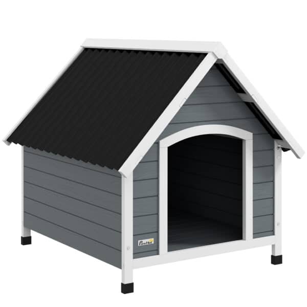 Casa para Perros Medianos Grandes 84x99x87 cm con Techo Ondulado Base Elevada y Suelo Desmontable Gris