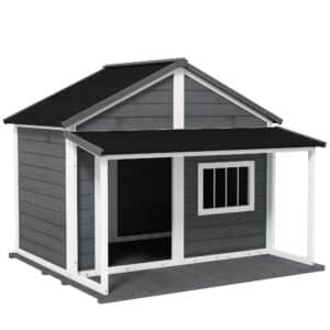 Hundehütte Outdoor-Hundehütte, incl, Terraza, resistente a la intemperie, 124x112x105 cm, Gris + Blanco CASETA DE PERRO