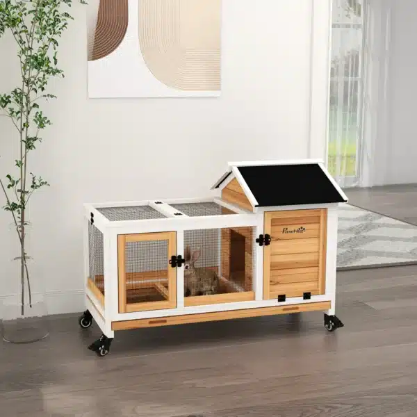 Jaula para Conejos con Ruedas Techo Abatible y Bandeja Extraíble para Interior y Exterior 108x58x73,5 cm Natural - Imagen 10