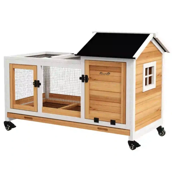 Jaula para Conejos con Ruedas Techo Abatible y Bandeja Extraíble para Interior y Exterior 108x58x73,5 cm Natural - Imagen 2