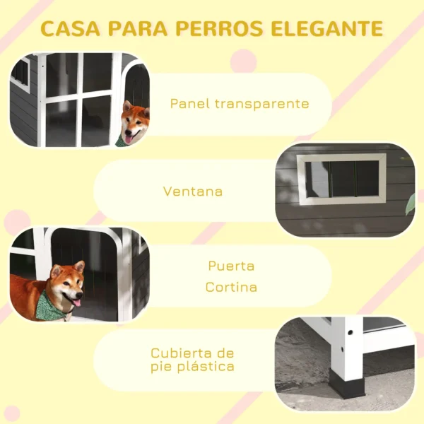Caseta de Madera para Perros con Techo Abatible Frontal Acrílico y Puerta con Cortina 101x66,5x70,5cm Gris Oscuro - Imagen 4