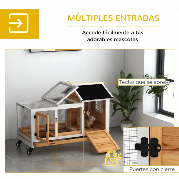 Jaula para Conejos con Ruedas Techo Abatible y Bandeja Extraíble para Interior y Exterior 108x58x73,5 cm Natural - Imagen 7