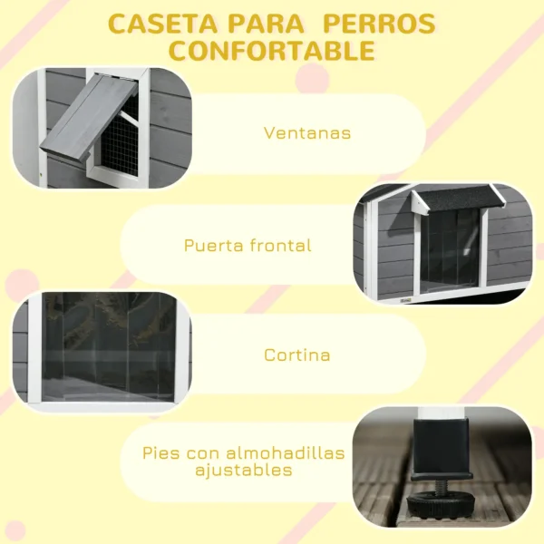 Caseta de Madera para Perros Casita para Mascotas con Techo Asfáltico y Base Extraíble 97x72x65 cm Gris - Imagen 4