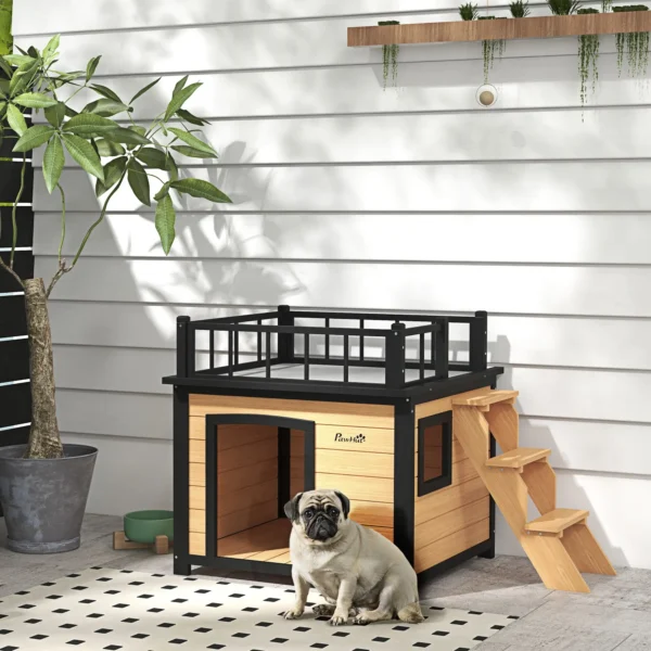 Caseta para perros con terraza en el techo, resistente a la intemperie, de madera, 121x77x78 cm, Negro/Amarillo - Imagen 6