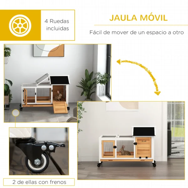 Jaula para Conejos con Ruedas Techo Abatible y Bandeja Extraíble para Interior y Exterior 108x58x73,5 cm Natural - Imagen 6