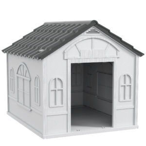 Casa para Perros Medianos 75x88x82 cm con Techo Ondulado Base Elevada y Suelo Desmontable Gris