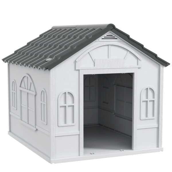 Casa para Perros Medianos 75x88x82 cm con Techo Ondulado Base Elevada y Suelo Desmontable Gris