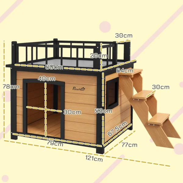 Caseta para perros con terraza en el techo, resistente a la intemperie, de madera, 121x77x78 cm, Negro/Amarillo - Imagen 5