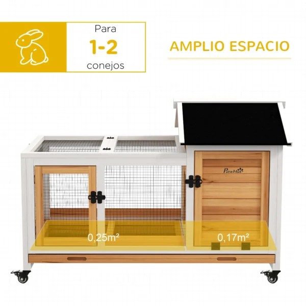 Jaula para Conejos con Ruedas Techo Abatible y Bandeja Extraíble para Interior y Exterior 108x58x73,5 cm Natural - Imagen 8