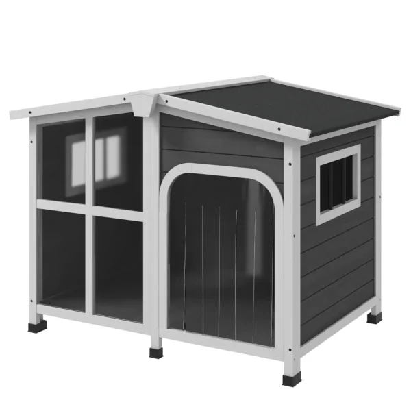 Caseta de Madera para Perros con Techo Abatible Frontal Acrílico y Puerta con Cortina 101x66,5x70,5cm Gris Oscuro - Imagen 2