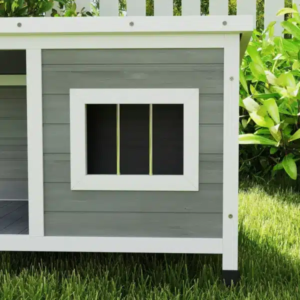 Casa para Perros de Madera 85,5x62x60 cm con Techo Asfáltico Abatible Puerta y Ventana para Perros Pequeños Gris - Imagen 3