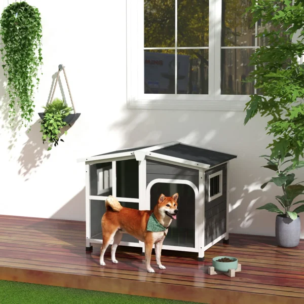 Caseta de Madera para Perros con Techo Abatible Frontal Acrílico y Puerta con Cortina 101x66,5x70,5cm Gris Oscuro - Imagen 10