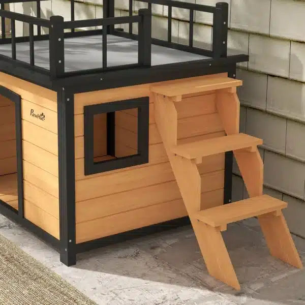 Caseta para perros con terraza en el techo, resistente a la intemperie, de madera, 121x77x78 cm, Negro/Amarillo - Imagen 4