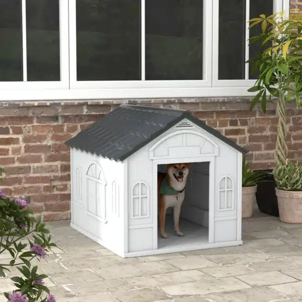 Casa para Perros Medianos 75x88x82 cm con Techo Ondulado Base Elevada y Suelo Desmontable Gris - Imagen 10