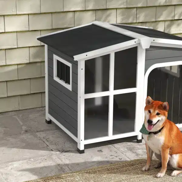 Caseta de Madera para Perros con Techo Abatible Frontal Acrílico y Puerta con Cortina 101x66,5x70,5cm Gris Oscuro - Imagen 3