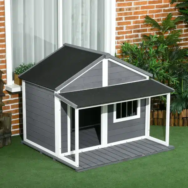 Hundehütte Outdoor-Hundehütte, incl, Terraza, resistente a la intemperie, 124x112x105 cm, Gris + Blanco CASETA DE PERRO - Imagen 5
