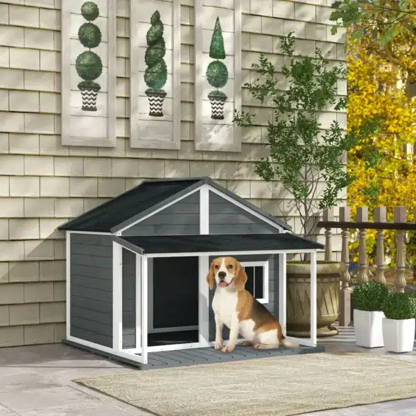 Hundehütte Outdoor-Hundehütte, incl, Terraza, resistente a la intemperie, 124x112x105 cm, Gris + Blanco CASETA DE PERRO - Imagen 7