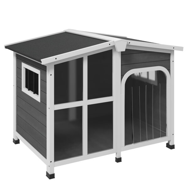Caseta de Madera para Perros con Techo Abatible Frontal Acrílico y Puerta con Cortina 101x66,5x70,5cm Gris Oscuro