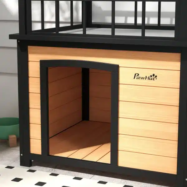 Caseta para perros con terraza en el techo, resistente a la intemperie, de madera, 121x77x78 cm, Negro/Amarillo - Imagen 3
