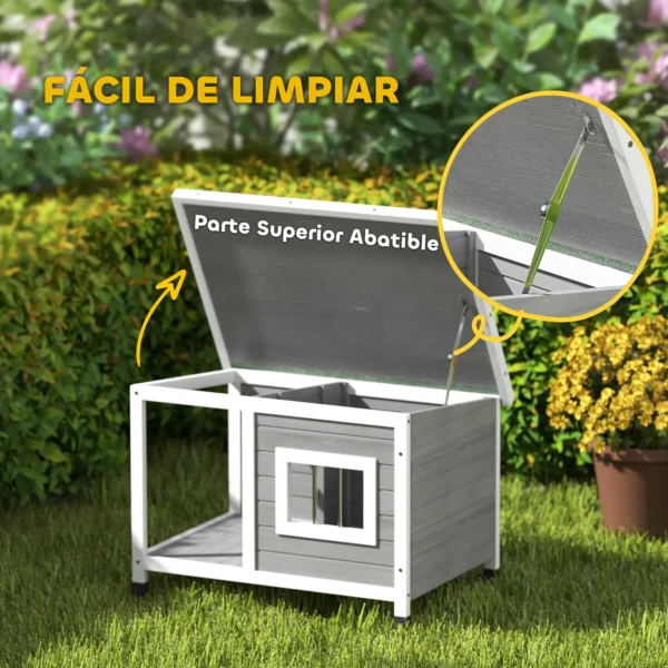 Casa para Perros de Madera 85,5x62x60 cm con Techo Asfáltico Abatible Puerta y Ventana para Perros Pequeños Gris - Imagen 6