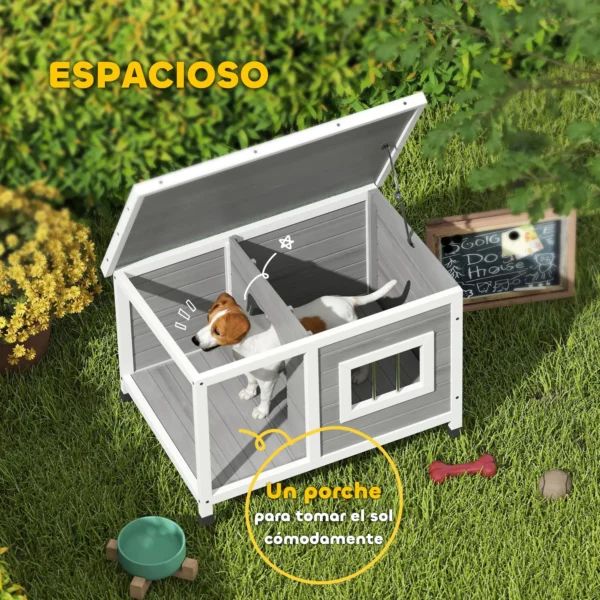 Casa para Perros de Madera 85,5x62x60 cm con Techo Asfáltico Abatible Puerta y Ventana para Perros Pequeños Gris - Imagen 8