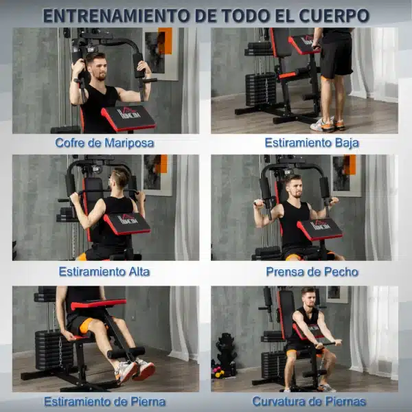 Máquina de Musculación con Placas de Peso de 65 kg Carga Max. 100 kg para Entrenamiento Fitness en Hogar Negro y Rojo - Imagen 9