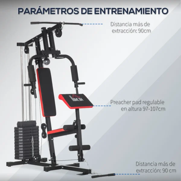 Máquina de Musculación con Placas de Peso de 65 kg Carga Max. 100 kg para Entrenamiento Fitness en Hogar Negro y Rojo - Imagen 7