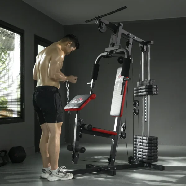 Máquina de Musculación con Placas de Peso de 65 kg Carga Max. 100 kg para Entrenamiento Fitness en Hogar Negro y Rojo - Imagen 5