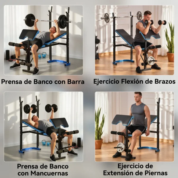 Banco de Musculación Banco de Pesas con Soporte para Barra y Respaldo Ajustable para Entrenamiento en Casa Gimnasio Azul - Imagen 6