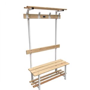 Banco de vestuario madera y metálico, perchas y balda superior