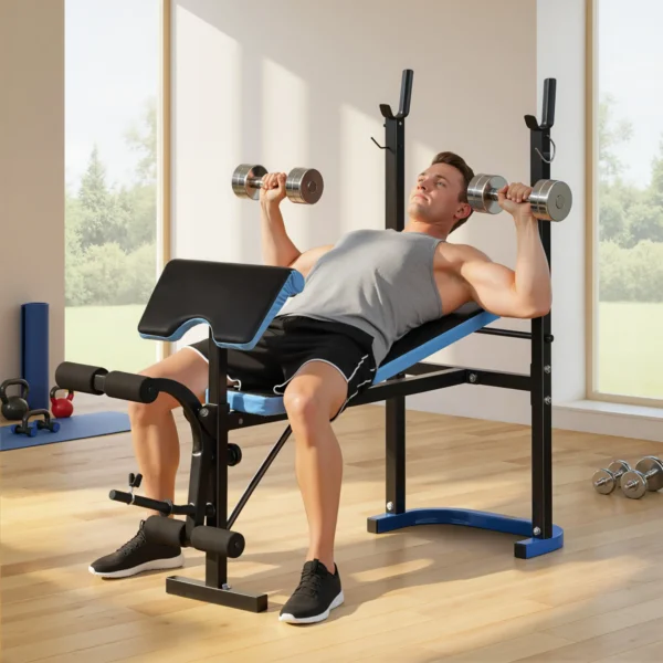 Banco de Musculación Banco de Pesas con Soporte para Barra y Respaldo Ajustable para Entrenamiento en Casa Gimnasio Azul - Imagen 4