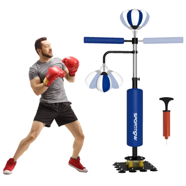 Soporte de boxeo, dos speedballs, barra de boxeo giratoria, protector de patadas, ajustable en altura, acero, 107 x 36 x 140-205 cm, Azul - Imagen 3