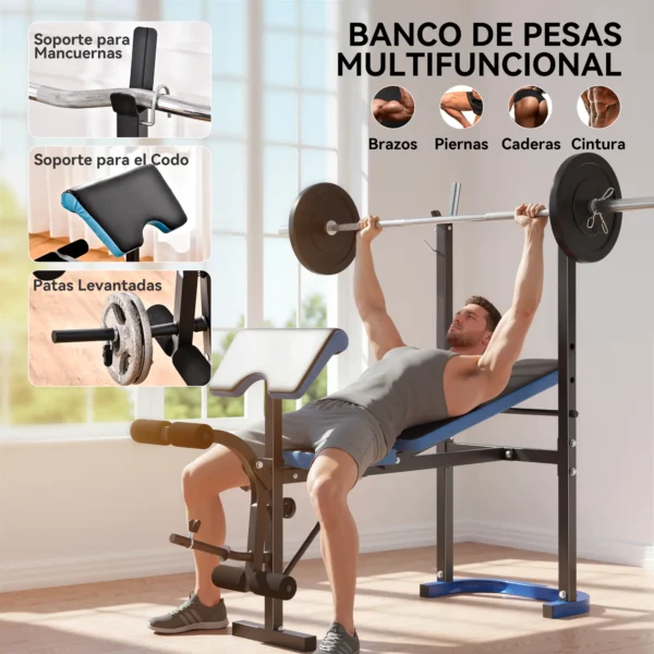 Banco de Musculación Banco de Pesas con Soporte para Barra y Respaldo Ajustable para Entrenamiento en Casa Gimnasio Azul - Imagen 8