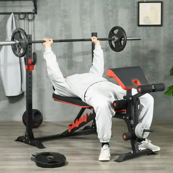 Banco de Musculación Multifuncional con Respaldo Reclinable y Soporte de Barras Altura Ajustable 180x110x126 cm Negr - Imagen 10