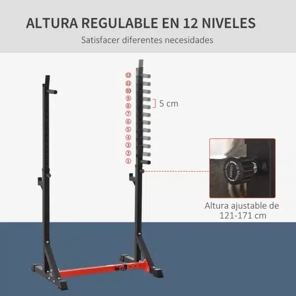 Soporte para Pesas Estante Soporte Barra Pesas Ajustable para Ejercicios Sentadillas en Hogar y Oficina Carga 150 kg de Acero Altura Regulable de 121-171 cm Negro y Rojo - Imagen 6