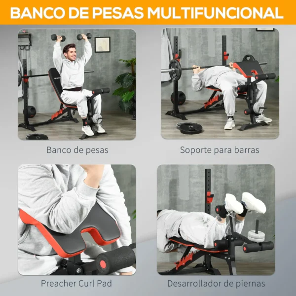 Banco de Musculación Multifuncional con Respaldo Reclinable y Soporte de Barras Altura Ajustable 180x110x126 cm Negr - Imagen 9