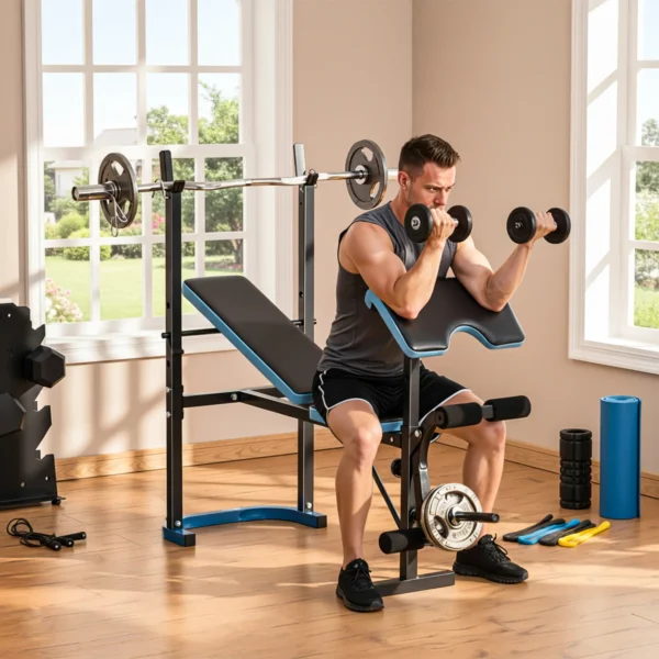 Banco de Musculación Banco de Pesas con Soporte para Barra y Respaldo Ajustable para Entrenamiento en Casa Gimnasio Azul - Imagen 5