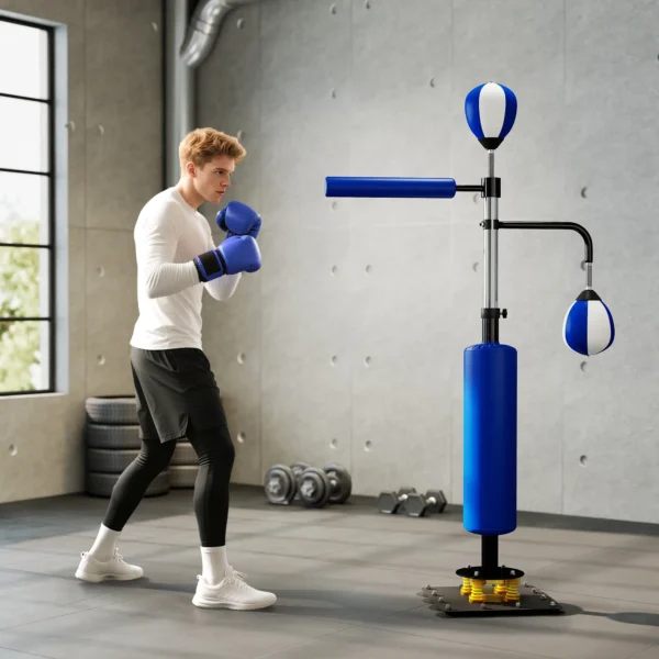 Soporte de boxeo, dos speedballs, barra de boxeo giratoria, protector de patadas, ajustable en altura, acero, 107 x 36 x 140-205 cm, Azul - Imagen 7